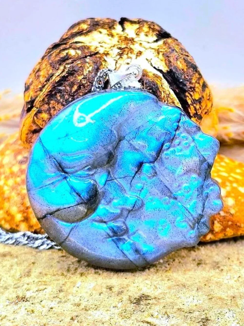 Labradorite Crescent Moon Carved Pendant Flashy Crystal Necklace 1.3 Inch